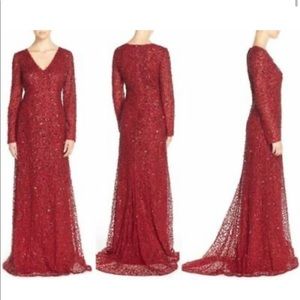 Red Sequins Long Sleeve Formal Gown
